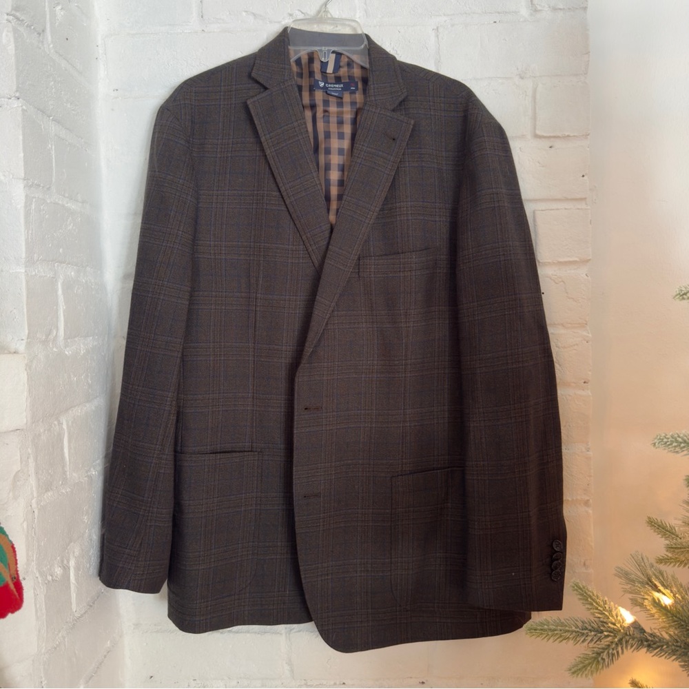 Cremieux Collection Wool Blazer Brown Plaid 2-Button Size XL (38R)